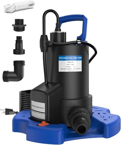 QIOMALA Automatic Pool Cover Pump - 1 HP 3500 GPH Sump Pump Above Ground with Check Valve, 3 Adapters and 29.5FT Extra Long Power Cord, Pump Water Removal for Swimming Pool, Basements, Rooftops