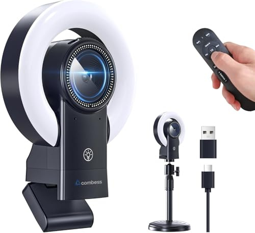 Webcam 4K avec lumière, webcam avec haut-parleur, double réduction du bruit Plug and Play, caméra Web pour ordinateur de bureau, mise au point automatique, protection de la vie privée, webcam pour PC