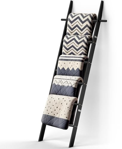 chilinii Farmhouse Wooden Blanket Ladder with Removable Hooks, 6-Tier Rustic Blanket Rack Decorative Stand, Leaning Towel Quilt Display Holder Storage for Bathroom Living Room Decor Black