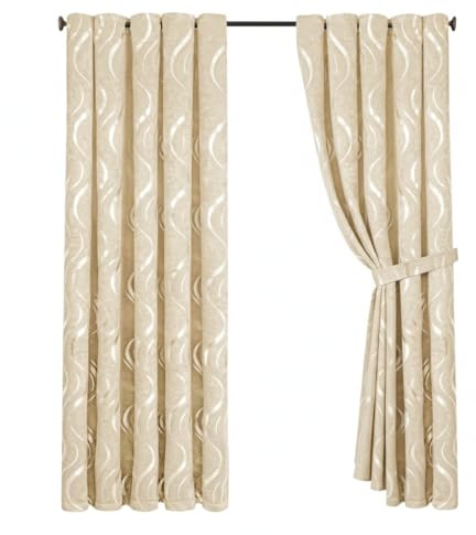 Opulent Dreams Room Darkening Curtains – Thermal Insulated Eyelet w/Tie Backs – Foil Printed Silver Wave Design – Energy Efficient Drapes for Bedroom – Set of 2 (Beige, 66 x 90 (168 x 228 cm))
