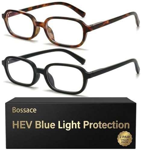 Bossace 2 Pack Rectangle Blue Light Glasses for Women, Lightweight TR90 Small Frame with Spring Hinge for All-Day Comfort, Anti UV Glare & Eyestrain