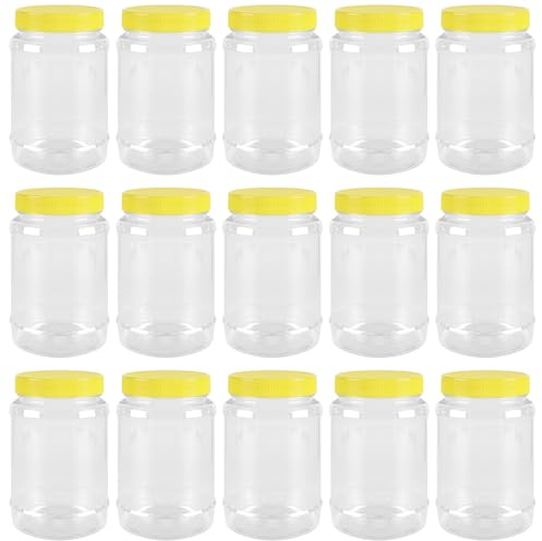 SEUNMUK 15 Pack 500ml Round Plastic Storage Jars with Yellow Lid, Clear Empty Storage Jars Wide-Mouth with Screw Top Lids, Airtight Food Storage Containers for Kitchen, Pantry