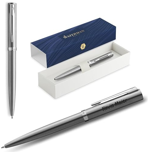Waterman Impression Stylo à bille avec gravure – Instrument d’écriture de luxe personnalisé – Élégant stylo d’écriture en cadeau pour dames & messieurs, encre bleue (acier inoxydable CT)