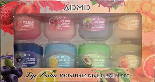 Set di 8 Balsami Labbra Idratanti Fruttati - Kit Burrocacao Nutriente all'Olio di Jojoba e Avocado - Trattamento per Labbra Secche e Screpolate - 8 Vasetti da 7g