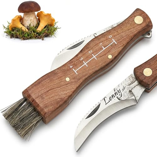 WaveB4 Personalisiertes Pilzmesser mit Gravur – Klappbar aus Holz & Edelstahl – Pilzbürste für Steinpilze, Pfifferlinge & Champignons – Geschenk für Pilzsammler