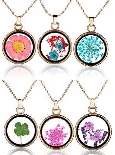 Yumilok Mehrfarbige Trockene Blumen Transparent Herz/Rund Anhänger Halskette Legierung Glas Flasche Kettenänhanger für Damen Mädchen (Multi-A)