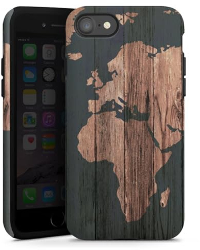 DeinDesign Coque Compatible avec Apple iPhone 8 Coque renforcée Coque Antichoc Carte géographique Aspect Bois Carte du Monde