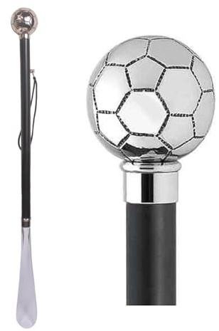 DELFA Design Schuhanzieher Schuhlöffel 70 cm mit silbernem Fußball als Griff - schwarzer Holzschaft mit Schlaufe - die Elegante Anziehhilfe