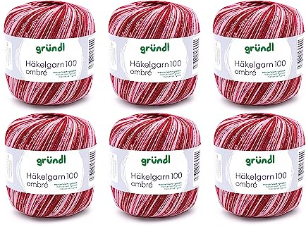 Gründl virkgarn 100 uni (merceriserat bomullsgarn för virkning av 100% bomull, 100 g/566 m), vinröd-vit