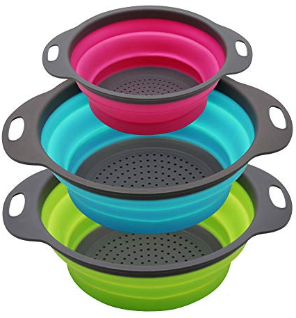 SKERITO Set of 3 Collapsible Kitchen Colander/Strainer, 4 Quart & 2 Quart Sink Colander, Perfect for Draining Pasta, Vegetable,Fruits (Green,Blue, Purple), Polypropylene