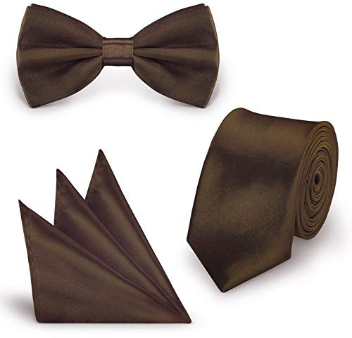 StickandShine Inh. Christian Müller 3 in 1 SET hochwertige Satin Polyester Krawatte Fliege Einstecktuch Braun
