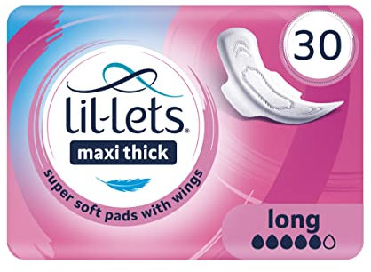 Lil-Lets Maxi Thick Period Pads X 30, Long Absorbency, with Wings, 1 Pack of 30 Maxi Pads, for Medium to Heavy Flow, Unscented, Super Absorbency Sanitary Towel