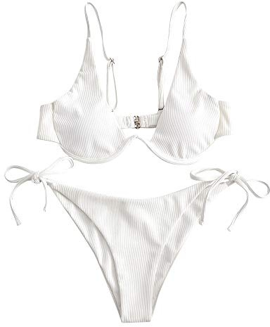 ZAFUL Damen Zweiteiliger Bügel Bikini-Set, Leopardenmuster Criss Cross Push Up High-Cut Gepolsterte Bikini Badeanzug (A-Weiß,S)