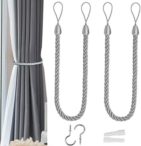 2 Fermatende per Tende, Corda per Tende con Fermatenda Fatti a Mano, in Cotone Naturale Lavorato a Maglia, Fermatende per Tende Trasparenti e Oscuranti in Corda di Cotone (Grigio Scuro)