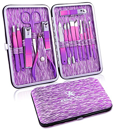Maniküre Set, Pediküre Kit 16 teiliges, Nagelpflege nagelknipser set Edelstahl Manikuere Set für Reise (lila)