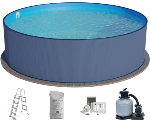 Planet Pool Stahlwandpool Set (5-teilig) rund 350x120 cm, Stahl 0,4 mm anthrazit, Folie 0,4 mm blau, Einhängebiese