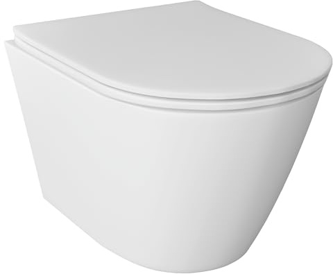 Alpenberger Hänge WC Spülrandlos | Toilette mit Nano Beschichtung | Toilettendeckel D Form mit Absenkautomatik | Keramik Hänge WC fürs Bad & Gäste WC | Tiefspüler Passend Geberit (9034)