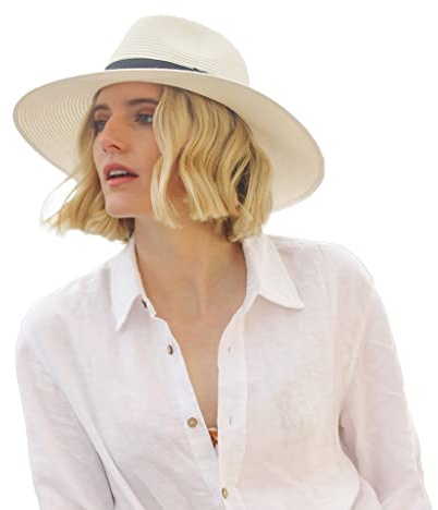 House of Ord Cape Town - Fiona Fedora - Eleganter und Hochwertiger Sonnenhut mit breiter Krempe für Damen in Blau - Reisefreundlicher Sommerhut - UV-Schutz 50+ - Größe: M/L: 58 cm Farbe: Ivory