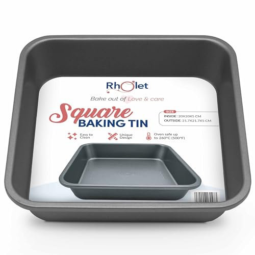 Rholet Square Cake Tin 20cm - 8x8 Baking Tin Non-Stick, 2 Inch Deep – Cake Pan Carbon Steel with 0.5 mm Thickness for Brownies, Cupcakes, Christmas, Mac n Cheese