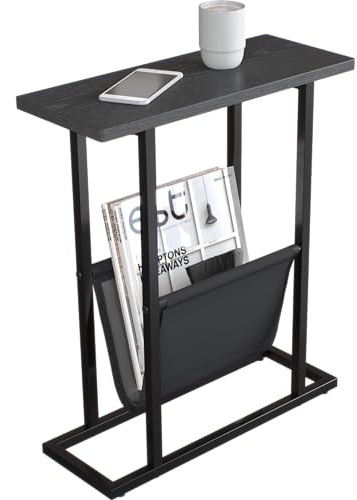 Yusong Small Narrow Side Table for Small Spaces, Slim End Table Magazine Table Nightstand with Storage Holder, Accent Skinny Snack Couch Bedside Table (Black)