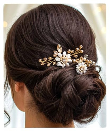 Flayem Hochzeit Haarnadeln Braut Blume Haarschmuck Golden Kristall Haarspangen für Braut und Brautjungfern（2Stück）