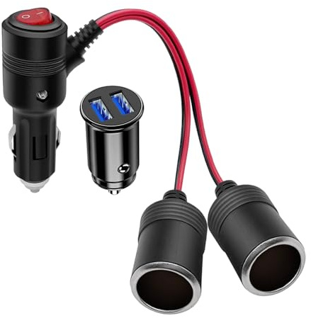 Hoembpn 1 to 2 Car Cigarette Lighter Splitter Adapter Power Charger Socket Extension Cable 15AWG with LED Switch and 15A Fuse,12V/24V Mini Dual USB Car Charger Cigarette Lighter Socket