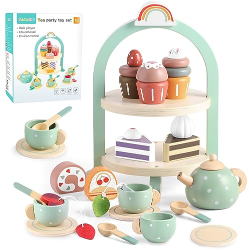 GAGAKU Teeservice Kinder Teeset aus Holz, Teeparty Spielküche Rollenspiele Kinderküche Zubehör Holz Kindergeschirr Spielküche Geschenk für Kinder