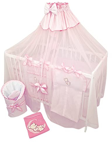 Bello24 - Juego Completo de 16 Piezas de Cuna y Ropa de Cama Timmi Incl. colchón Regulable en Altura para recién Nacidos y niños pequeños de Madera Maciza (Osito Luna Rosa)