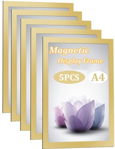 Niciksty Magnetrahmen Info-Rahmen Selbstklebend mit Magnetverschluss für Informationsrahmen DIN A4 Format (5 Stück Gold)