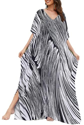Bsubseach Kaftan Dresses for Women Long Swimsuit Cover Up Plus Size Beach Bathing Suit Resort Wear White Stripes
