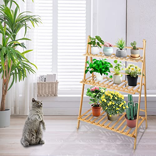 Blumentreppe, 3-stufig, Blumenleiter Holz, klappbar, Leiterregal Pflanzen, 70*40*96cm-drei Schichten