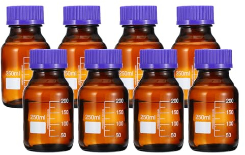 PATIKIL 8 Pack Medien Aufbewahrung Flaschen 250ml Borosilikat Glas Graduierte Rundflaschen mit GL45 Blau Schraube Deckel für Labor Wasser Reagenz Flüssigkeiten Braun