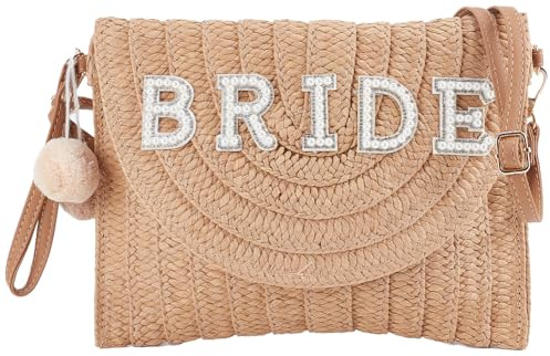 GORGECFAFT Bride Straw Shoulder Bag Woven Clutch Bag Summer Beach Crossbody Handbags with Two Balls Woven Rhinestone Wedding Vacation Purse Honeymoon Bridal Shower Gift for Bride Party Honeymoon