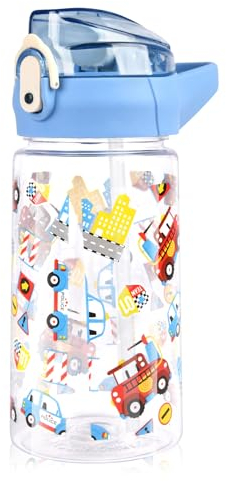flintronic 500ml Trinkflasche Kinder, Kindertrinkflasche mit Strohhalm, BPA-freie Kinder-Wasserflaschen, Sportwasserflasche mit Auslaufsicherem Flip-Top-Deckel für Mädchen und Jungen, Blau
