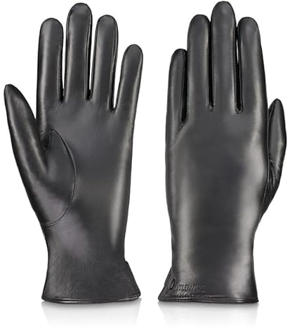 BETLEWSKI - Damen Handschuhe aus Schafsleder gefüttert - Warme Lederhandschuhe für Damen in Schwarz mit Futter - klassische Winterhandschuhe mit weichem Innenfutter Modell Midnight - L
