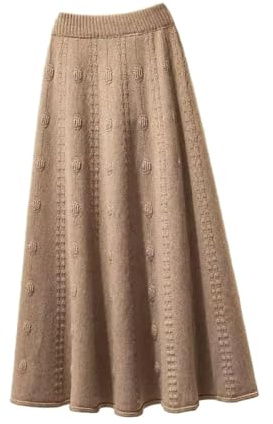 COSKTIARL Women'S Knitted Skirt - Elegant Khaki Jacquard Weave Pleated Long Skirts For Women Winter Elastic High Waist A-Line Knitted Skirt Casual Plus Size Warm Skirts