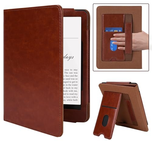 MMK Hülle für 7/6,8 Kindle Paperwhite (12th/11th Generation-2024/2021), PU Leder Kickstand Schutzhülle mit Kartenfach Handschlaufe, für Kindle Paperwhite Signature Edition, Braun