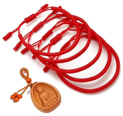 LUCKY BUDDHIST 5 Tibetan Buddhist Bracelets for Men & Women – Adjustable Braided Cord Bracelets with Wooden Buddha Keyring