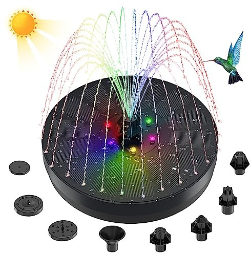Solar Springbrunnen, 3W Solar Teichpumpe mit 8 Fontänenstile & 4 Feste Wasserleitungen, Schwimmender Solarbrunnen mit 6 Bunten LED Leuchten für Vogeltränke Garten Teich Fischbecken Aquarium