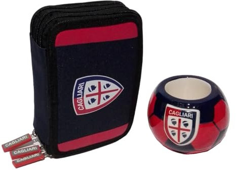 PRESTIGE & DELUXE Cagliari Fußball-Federmäppchen mit 3 Etagen mit Reißverschluss, komplett für die Schule + Stifthalter aus Keramik – offizielles Produkt, blau, Standard, Federmäppchen