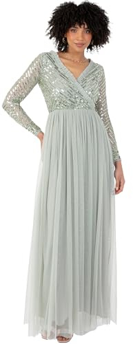 Maya Deluxe Women's Women's Maxi Dress Ladies Embellished Wrap Tulle Frilly V-Neck Long Sleeve for Wedding Guest Bridesmaid Prom Ball Gown Dress (Pack of 1)