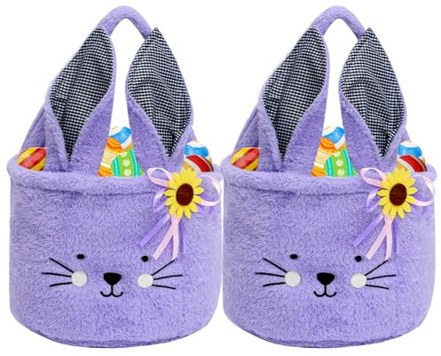 Tierisch süßer Osterkorb - Osterhase Plüschkorb zum Befüllen und Verschenken als frühlingshafte Osterdeko und Geschenkidee für ein blumiges Osternest. (2 Lila)