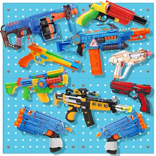 Skywin Wooden Peg Board for Nerf Gun with Target Bag 13 x 0.32 x 13 Inches - Hanging Holder Compatible with All Blasters Nerf Gun Rack Organizer for Wall Organization (Blue)