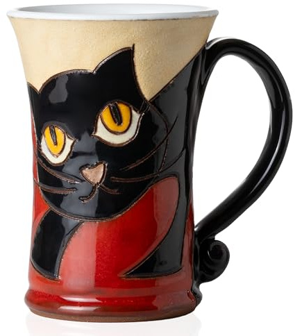 Felisteya Handgetöpferte Katzentasse – 320ml Keramik-Kaffeetasse & Teetasse | Handgemachter Kaffeebecher aus Steingut mit schwarzem Katzenmotiv, Geschenk für Katzenliebhaber – Tasse mit Katze, Modell 3
