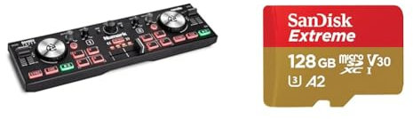 Numark DJ2GO2 Touch – Compact 2 Deck USB DJ Controller with Mixer/Crossfader & SanDisk 128GB Extreme microSDXC card + SD adapter + RescuePRO Deluxe, up to 190MB/s
