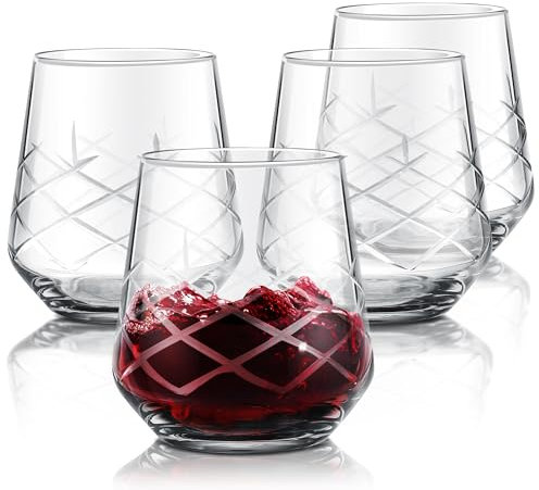 Joeyan 500ml Weingläser Mit Gravur Ohne Stiel - 4er Set Rotweinglas mit Gestreifte, Weißweinglas without Stem für Bars, Zuhause, Restaurant,Trinkgläser Set Kristall Vintage, Spuelmaschinenfest