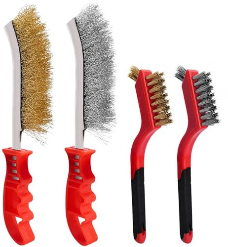 Juego de 4 cepillos de alambre de latón con cepillo de acero inoxidable y cepillo de latón, agarre suave, cepillo de alambre para limpiar óxido, pintura y preparación de superficies de escoria de