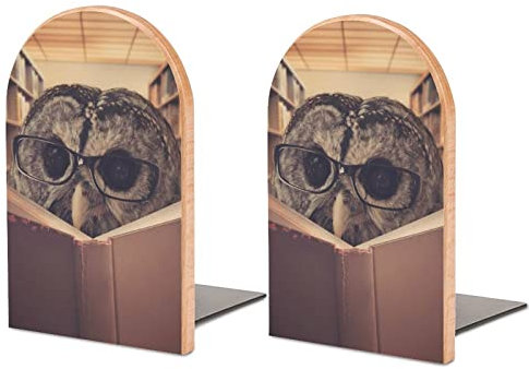 Buchstützen aus Holz für schwere Bücher, geistige Eule mit Brille, Holz-Buchstützen für Regale, rutschfeste Buchstützen für Büro, Zuhause, Schreibtisch, 2 Stück