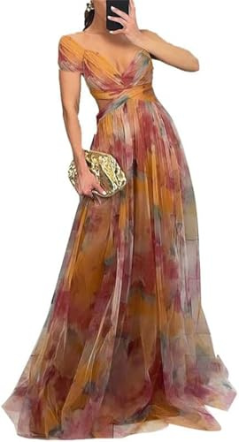 babao Robe de Bal Longue en Tulle pour Femmes Motif Floral Bretelles Sexy col en V Dentelle Robe de soirée Formelle