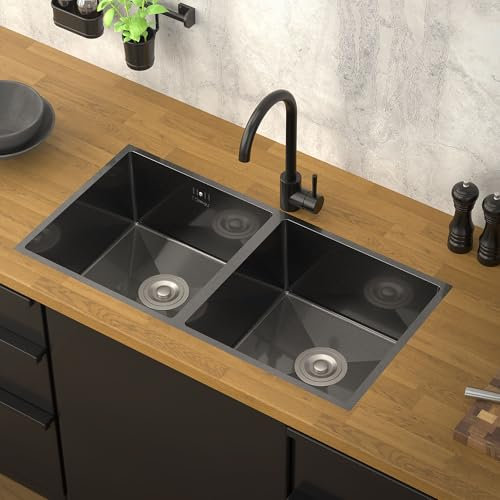 ML-Design Lavello Doppio in Acciaio Inox 81,5 x 40 cm Lavabo da Cucina Rettangolare Antracite 2 Vasche Lavandino Sottopiano con Set di Scarico e Troppopieno Doppia Vasca con Sifone